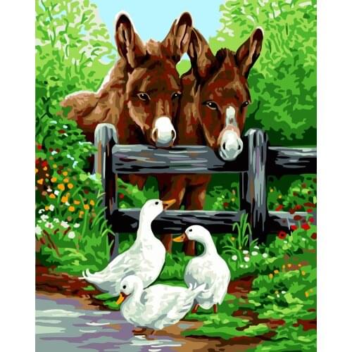 Painting By Numbers DIY Dropshipping 40x50 50x65cm Fence horse and goose Animal Canvas Wedding Decoration Art picture Gift