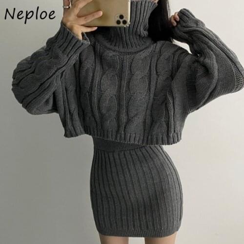 Two Picecs Set Women Korean Chic Autumn and Winter Hemp Flower High Neck Short Sweater + Bodycon Knitted Skirt Suit