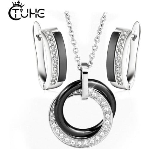 Fashion Ceramic Jewelry Set Cute Mini Stud Earrings Double Circle Pendant Necklace For Women Elegant Enagement Party Jewelry Set