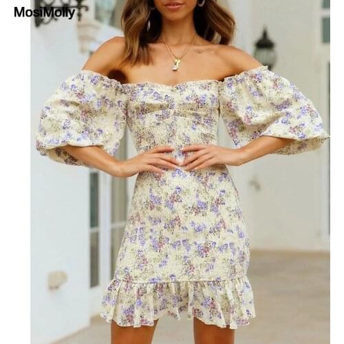 MosiMolly 2021 Floral Dress Women Puff Sleeve Shirred Dress Boho Beach Ruffle Dress Summer