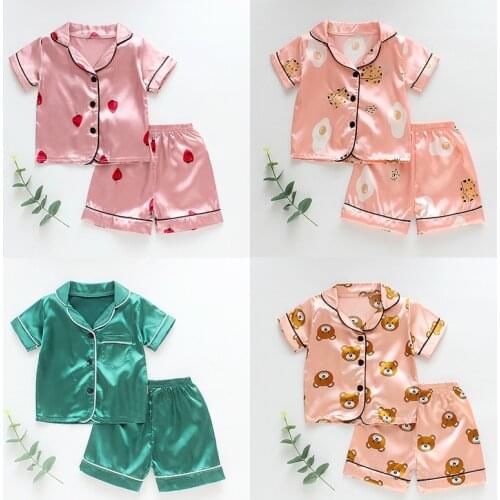 Girls Pajamas Set Summer Short Sleeve Childrens Sleepwear Set Fake Silk Pajamas Boy Pyjamas Sets for Kids Home Wear Clothing
