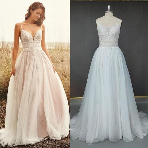 Real Photos Boho Spaghetti Straps Wedding Dress Robe De Mariee Lace Bodice Tulle Bridal Dress V Neck Ranch Wedding Dress 10125
