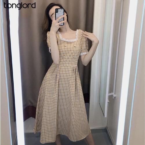 2021 Summer Short Sleeve Square Collar Dress Women Lace Patchwork Palid Dress Female Puff Sleeve Maix Vestidos Dropshipping New