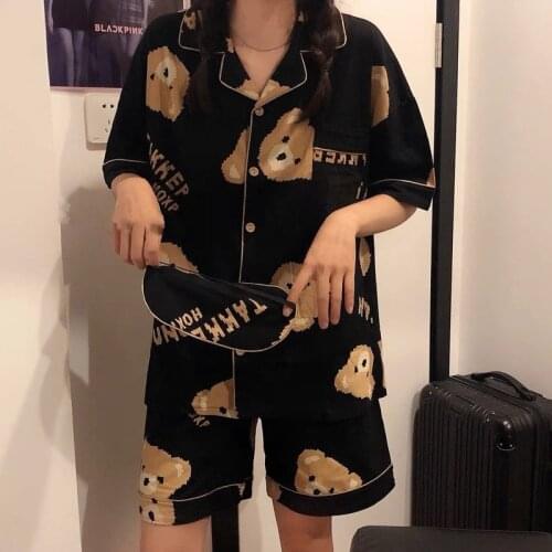QWEEK Women Pajama Set Japanese Kawaii Pijamas Bear Print Pyjamas Teen Girls Home Clothes Turndown Collar Summer 2021 Sleepwear