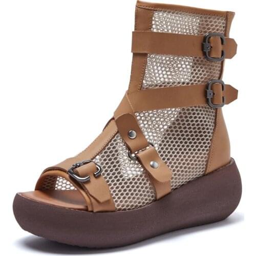 Female Handmade Sandals for Women 2021 Summer Shoes Genuine Leather Air Mesh Open Toe Wedges Platform Modern Gladiator Sandals