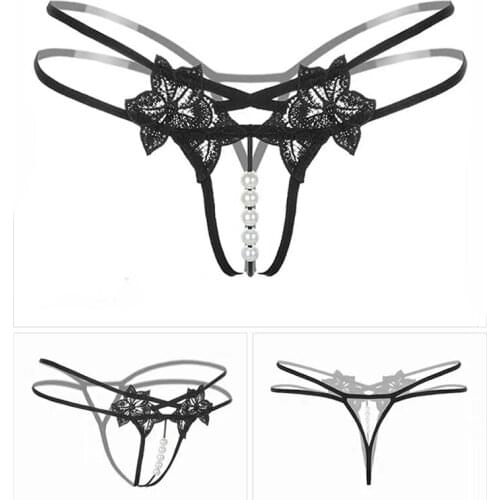 Imitation Pearl String Flower Womens Panties Full Transparent Cross Rope Thong Sexy Embroidery Adult G-Strings Erotic Underwear