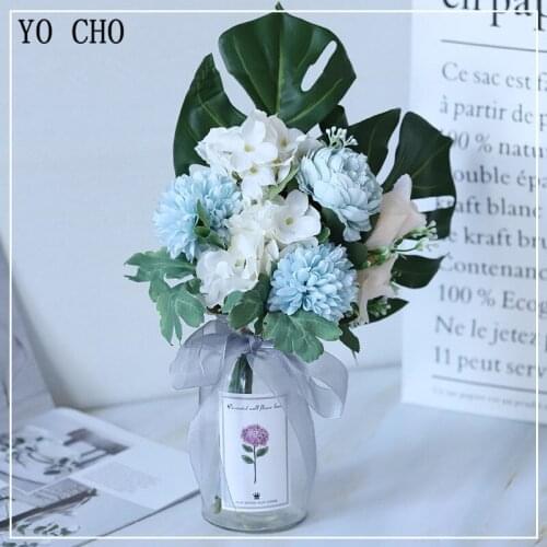 YO CHO Bridal Bouquet Wedding Artificial Flower Silk Rose Pink Hydrangea Pompom Tropical Eucalyptus Palm Leaves Wedding Supplies