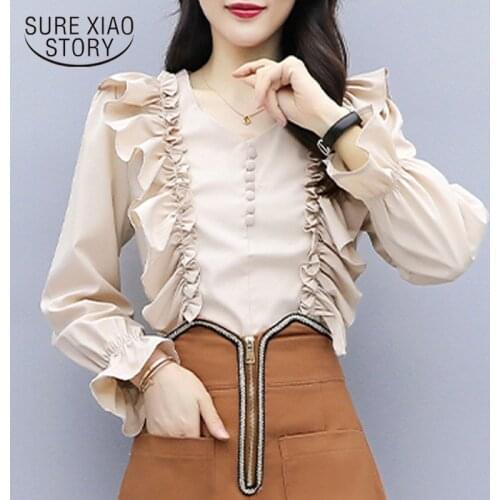 Vintage V-neck Flare Sleeve Chiffon Blouse Women Shirt Autumn New Elegant Front Buttons Ruffles Female Blouse Blusas Mujer 10911