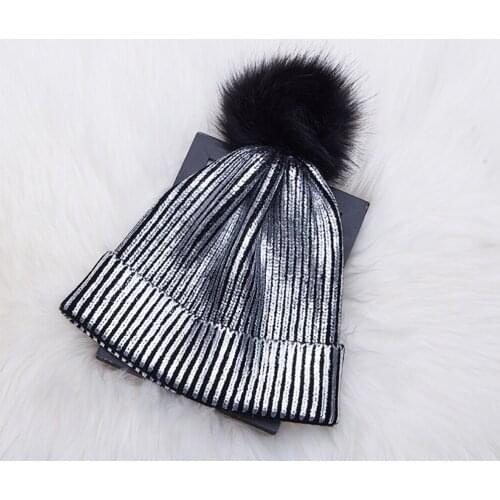 Knitted Bronzing Gold Silver Beanie Cap Pompom Winter Hats For Women Fur Pom Pom Ball Hat Ladies Girls Warm Skullies Beanies