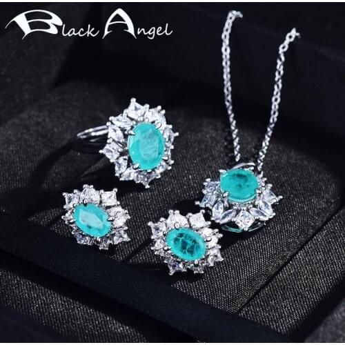 BLACK ANGEL Imitation Natural Paraiba Jewelry Suit 925 Silver Inlaid Gemstone Earrings Pendant Necklace Ring Female Wedding Gift