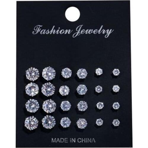 European and American jewelry Round six-claw crystal zircon set 12 pairs of earrings jewelry flower rhinestone fashion geometric