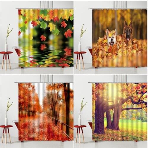 Maple Leaf Landscape Shower Curtain Autumn Red Orange Fallen Leaves Polyester Bathroom Decor Washable Fabric Bath Curtains Set