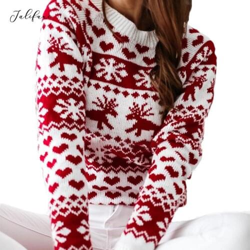 Women Christmas Elk Printing Sweater 2021 Winter Long Sleeve O-neck Casual Loose Knitting Pullover Sweater Top Jumper Knitwear