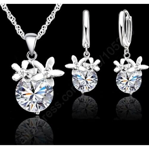 High Quality 925 Sterling Silver Cubic Zirconia Flower Necklace Hoop Earrings Fashion Jewelry Sets Women Accessories