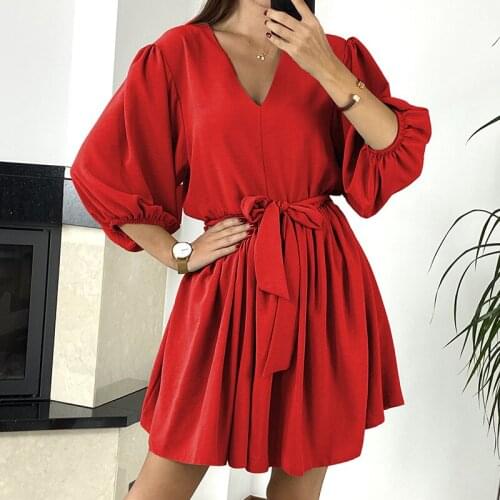 Women Red Party Dress Spring 2021 Three Quarter Lantern Sleeve Solid Color A-Line Dress with Sashes Casual Ladies Vestidos