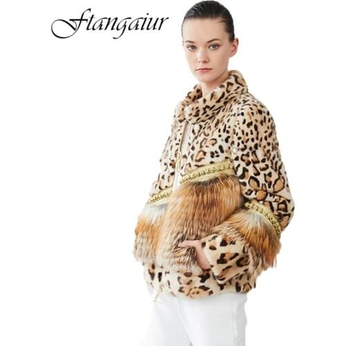 Ftangaiur 2019 Winter Import Velvet Mink Fur Coat Patchwork Leopard Contrast Color Mink Coat Womens Natural Real Mink Fur Coats