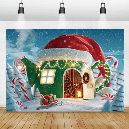 Winter Cartoon Christmas Hat Hut Fireplace Gifts Candy Pine Tree Forest Sled Car Party Child Photo Backdrop Photo Background