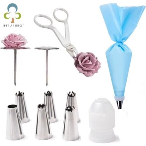 10Pcs/Set Fondant Cake Decorating 1Cake Flower Stand Nail 6Cake Icing Piping Nozzle 1Cake Scissors For Cream Flower Transfer ZXH