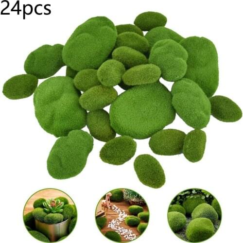 24pcs Artificial Moss Stones Grass Green Plant Home Garden Decor Landscape Faux Green Moss Covered Stones Moss Rocks Decorative