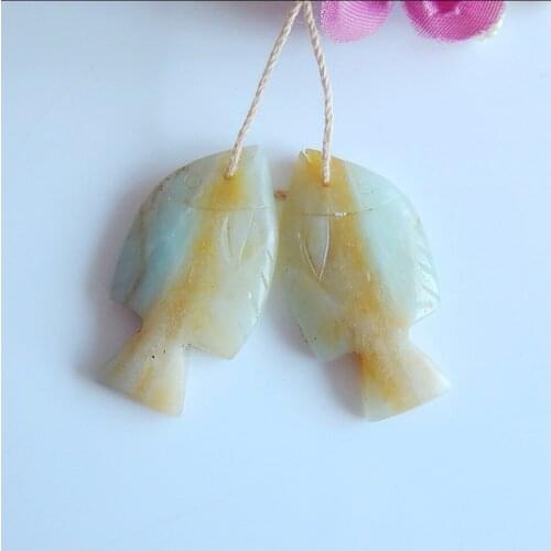 Birthday gift Semi-precious stones Jewelry accessories,Carved fish Amazonite fashion Earring Beads pair,33x18x5mm,7.9g
