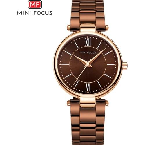 MINI FOCUS Stainless Steel Strap Watches for Women Waterproof Luxury Dress Quartz Wrist Watch Woman Lady Coffee Brown MF0189L