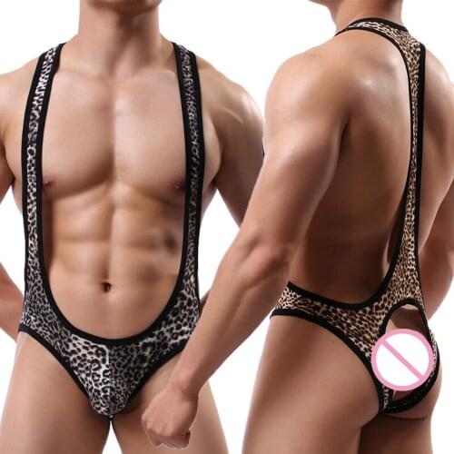 Men Undershirts Leopard Bodysuits Leotard Backless Jumpsuits Jockstrap Wrestling Singlet Underwear One-piece Nightwear Plus Size
