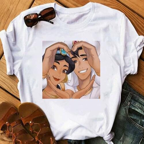 Princess Jasmine Harajuku T Shirt Disney Aladdin and The Magic Lamp Couples Print Shirt Beautiful Casual Tops White Summer Tees