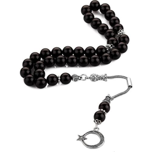 Silver Black Onyx Gemstone Prayer Rosary Men Sphere Cut Rosary With Silver Tassel Turkish Tasbih Crescent Star Model Tassel