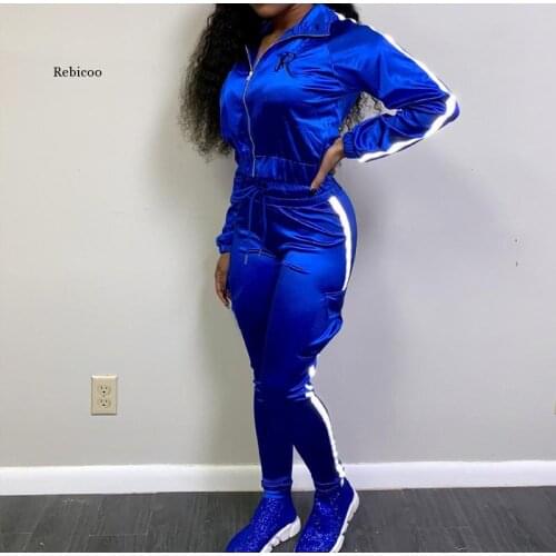 Reflective Lines Matching Women Sport Sets 2 Piece Outfits Satin Zipper Fashion Crop Jacket And Lace Up Pants Tracksuit Female