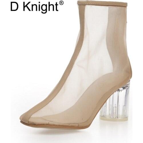Summer Women Transparent Sandals Ankle Boots Sexy Clear High Heels Shoes Woman Crystal Round Heels Nude Black Sandals Lady Pumps