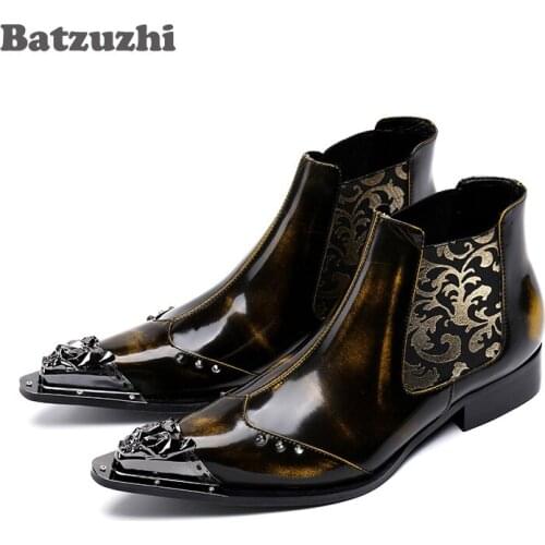 Batzuzhi Luxury Genuine Leather Men Shoes Pointed Toe Metal Tip Mens Dress Boots Fashion Embroidered Men Botas Hombre, EU38-46