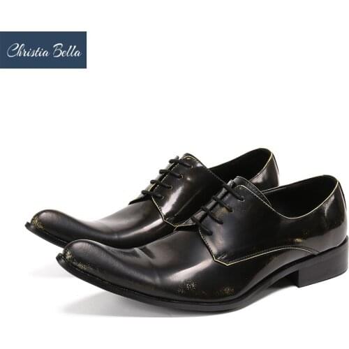 Christia Bella Fashion Solid Men Oxford Shoes Business Pointed Toe Genuine Leather Brogue Shoes Male Lace Up Wedding Dress Shoes