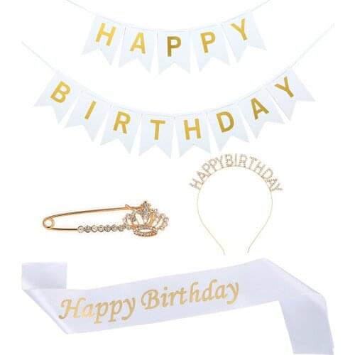 HAPPY BIRTHDAY headband shoulder strap pull flag brooch four pieces For Happy birthday party supplies