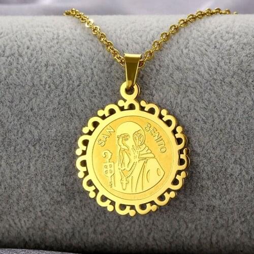 Stainless Steel Patterned Edge Religious San Benito Medal Pendant Vintage Gold St. Benedict Necklace Religious Catholic Pendants