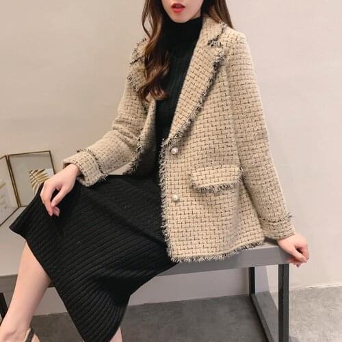 New Imitation Mink Fleece Winter Womens Korean Suit Collar Tassel Mid-Length Loose Plaid Jacket Female Coat