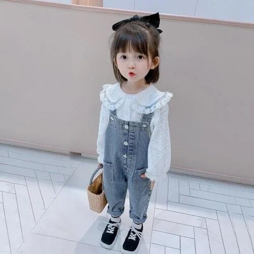 Autumn Girls Clothes Set Bib Shirt Set Little Girl Lace Top + Pants Childrens Baby Jeans Set Childrens wear trousers