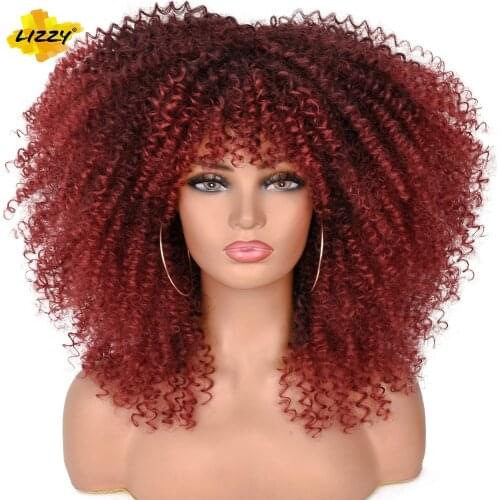 Lizzy 16" Short Hair Afro Kinky Curly Wigs With Bangs For Black Women Synthetic Cosplay Bomb Omber African Glueless Wigs