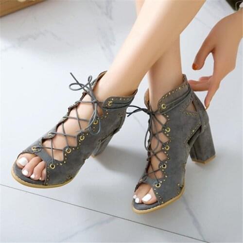 PXELENA Crystal Studded Rome Cross Strap Gladiator Sandals Women Chunky Block High Heels Peep Toe Faux Suede Punk Goth Shoes 45