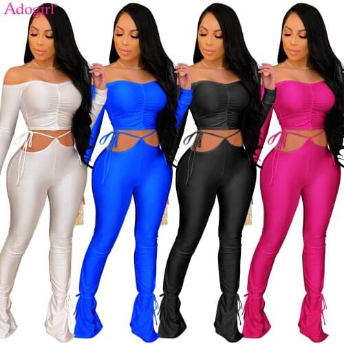 Adogirl Sexy Fashion Two Piece Set Off Shoulder Long Sleeve Pleated Crop Top Lace Up Stacked Pants Suit Slash Neck Club Wear