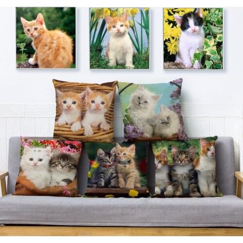 Cute Pet Cat Print Throw Pillow Cover 45*45cm Square Cushion Covers Linen Pillow Case Car Sofa Home Decor Pillows Cases