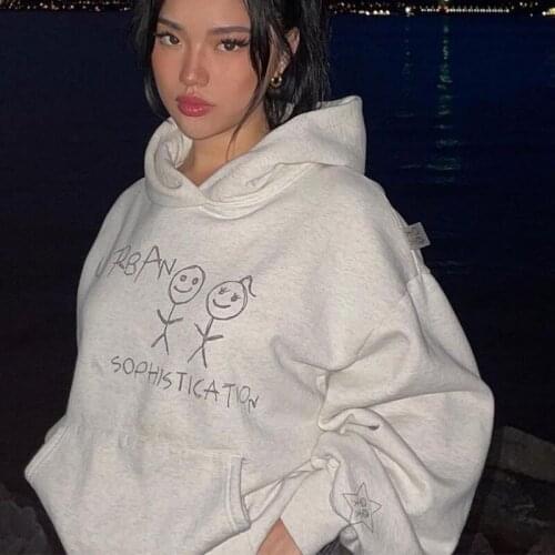 Light Gray High Streetwear Funny Letter Printed Hoodie Oversized Autumn Winter Clothes Cool Girl Hip Hop American Fashion Mujer