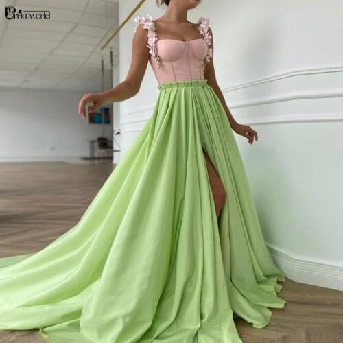 Mint Green A-Line Evening Dresses Long Sweetheart Flowers Straps Vestidos De Fiesta Open Leg Satin Sexy Formales Prom Gowns 2021