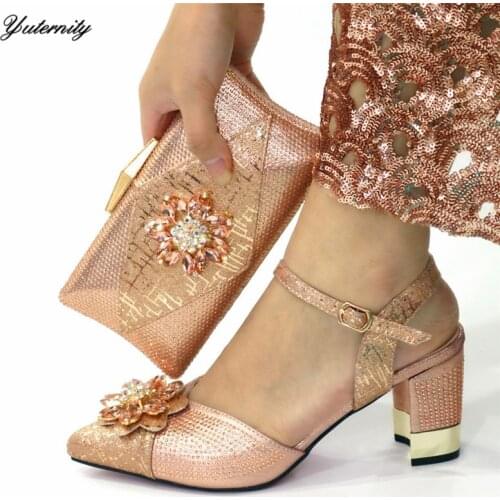High Quality Italian PU With Crystal Woman Shoes With Bag Set African Style High Heels Shoes For Party Dress Size 37-43