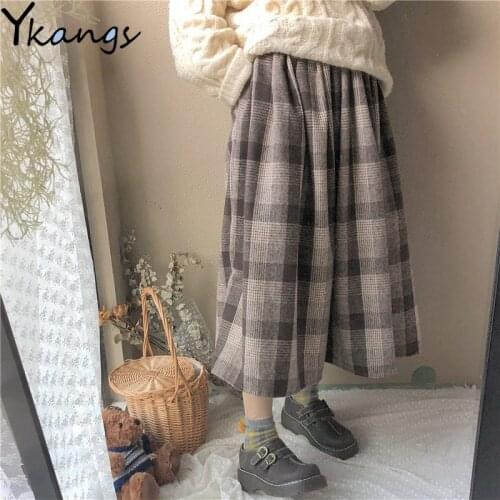 Vintage Wool Plaid Midi Skirt Women Korean Style Harajuku Pleated Skirt Autumn Winter Elastic High Waist Kawaii School Clothes