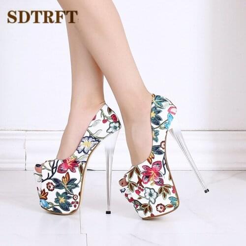 SDTRFT Luxury Flowers Chinese Style embroidery 20cm thin high heels pumps women Nightclub shoes zapatos de mujer US15 16 18 19