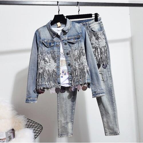 Autumn New Woman Embroidery Tassel Long-Sleeve Vintage Denim Jacket + Casual Little Feet Jeans Two Piece Sets Ladies Tide H979