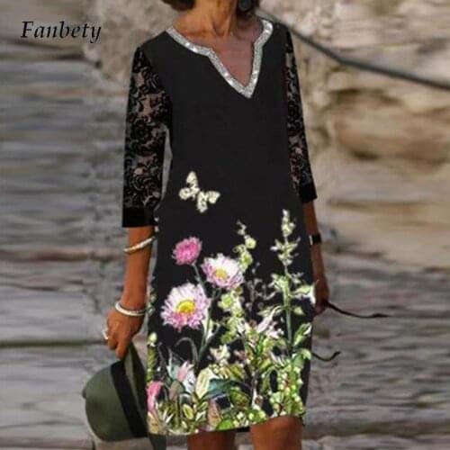 Sexy Glitter V Neck A-Line Dress Women Fashion Patchwork Lace Loose Autumn Dress Retro Three Quarter Sleeve Party Dress Vestido