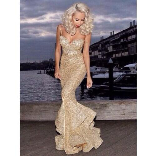 Sexy Bodycon Sequined Dress Women Spaghetti Straps Off The Shoulder Ruffle Long Hem Elegant Ladies Vestido Evening Party Clothes