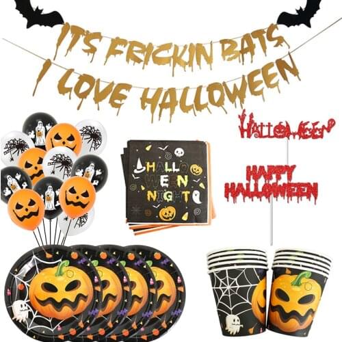 Halloween Party Paper Plate Straw Disposable Tableware Decoration Happy Halloween Banner Balloons Decor Supplies