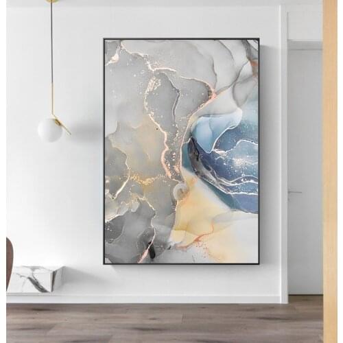 Dropshipping Abstract Golden Blue Line Wall Art Abstract Nordic Canvas Painting Art Poster Prints Wall Picture for Living Room